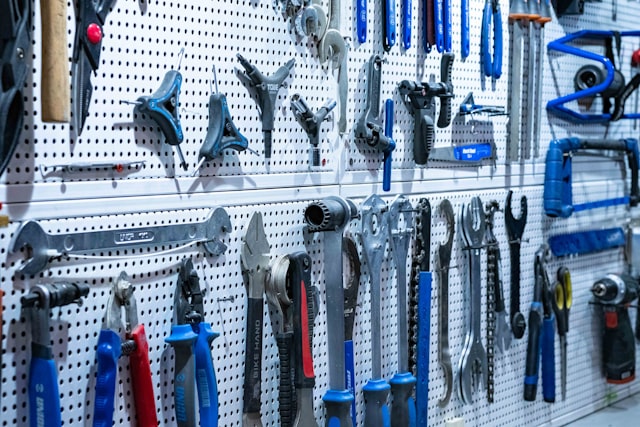 Tools hanging on a repair shop wall